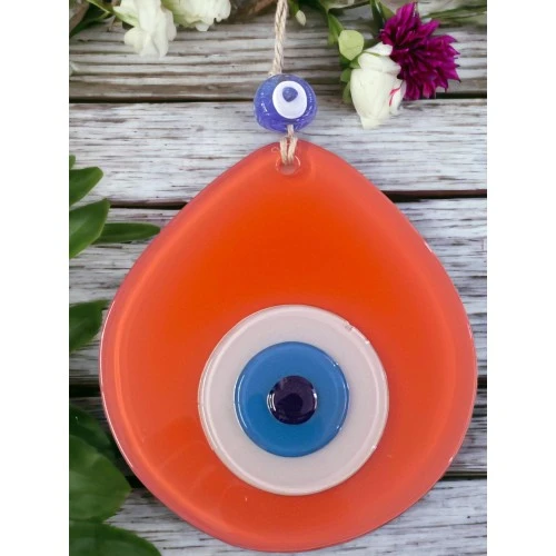 Mavi Nazar Boncuklu Turuncu Renk Nazar Boncuklu Damla Desen El Yapımı Duvar Süsü - Resim 3