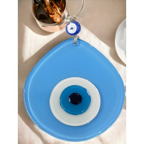 Mavi Nazar Boncuklu Açık Mavi Renk Nazar Boncuklu Damla Desen El Yapımı Duvar Süsü - Resim 4