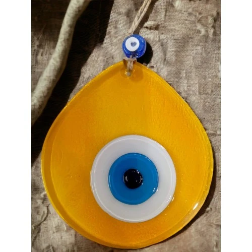 Mavi Nazar Boncuklu Şeffaf Bal Renk Nazar Boncuklu Damla Desen El Yapımı Duvar Süsü - 3