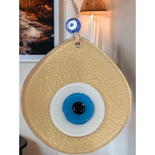 Mavi Nazar Boncuklu Gold Renk Nazar Boncuklu Damla Desen El Yapımı Duvar Süsü - Resim 2