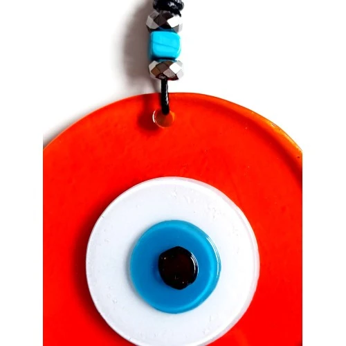 Mavi Nazar Boncuklu El Yapımı Deri İpli Turuncu Renk Şeffaf Cam Duvar Süsü - Resim 2