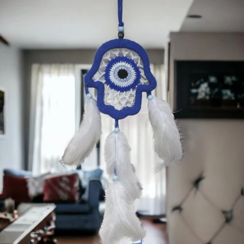 Nazar Boncuğu Motifli Mavi Fatma Ana Eli Duvar Süsü El İşçiliği Duvar Dekoru - Resim 2