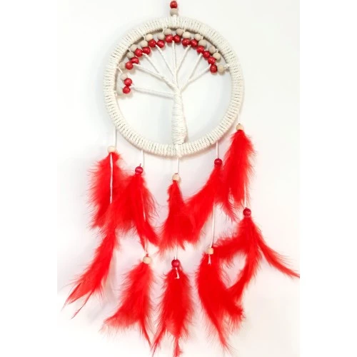 Kırmızı Kuş Tüylü Hayat Ağacı Düş Kapanı Duvar Süsü - Resim 2