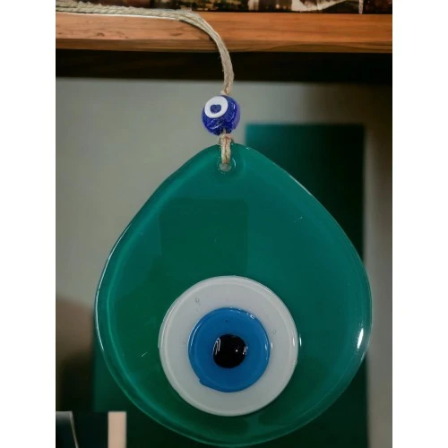 Mavi Nazar Boncuklu Yeşil Renk Nazar Boncuklu Damla Desen El Yapımı Duvar Süsü - Resim 4