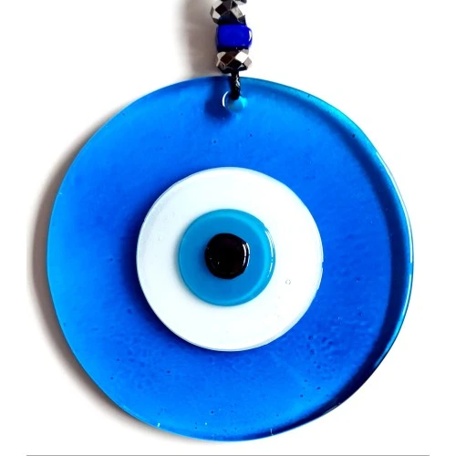 Nazar Boncuklu El Yapımı Deri İpli Açık Mavi Şeffaf Cam Duvar Süsü - Resim 3