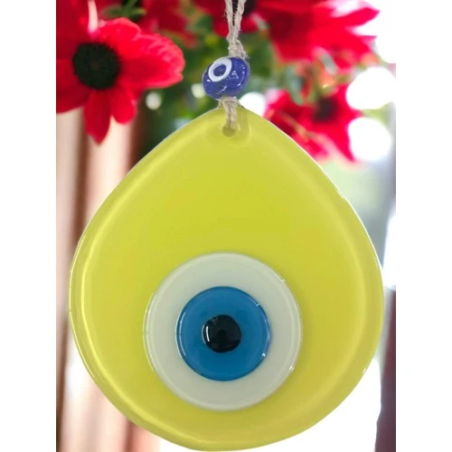 Mavi Nazar Boncuklu Sarı Renk Nazar Boncuklu Damla Desen El Yapımı Duvar Süsü ürün görseli