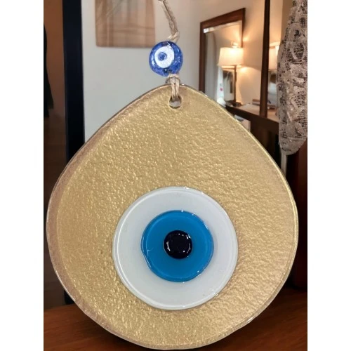 Mavi Nazar Boncuklu Gold Renk Nazar Boncuklu Damla Desen El Yapımı Duvar Süsü - Resim 3