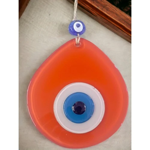 Mavi Nazar Boncuklu Turuncu Renk Nazar Boncuklu Damla Desen El Yapımı Duvar Süsü - Resim 4