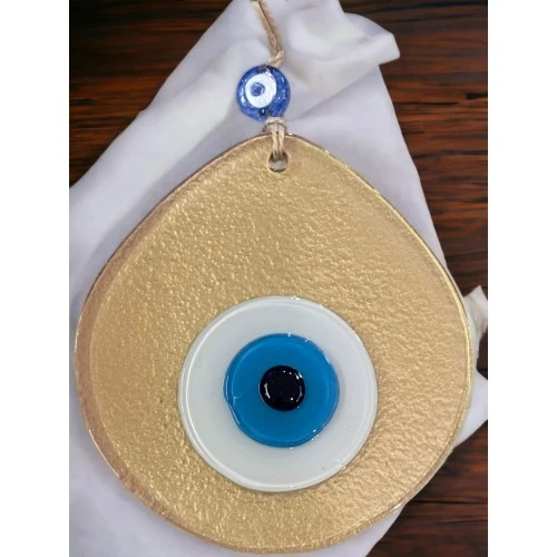 Mavi Nazar Boncuklu Gold Renk Nazar Boncuklu Damla Desen El Yapımı Duvar Süsü - Resim 4