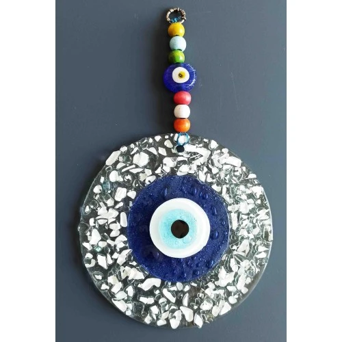 Mavi Nazar Boncuklu Beyaz Kesme Cam Desenli Duvar Süsü Nazarlık ürün görseli