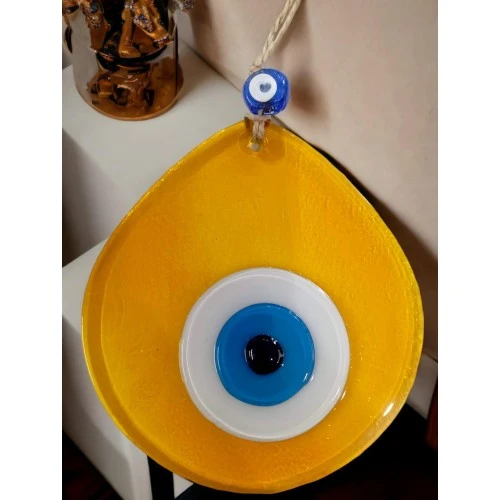 Mavi Nazar Boncuklu Şeffaf Bal Renk Nazar Boncuklu Damla Desen El Yapımı Duvar Süsü - 4