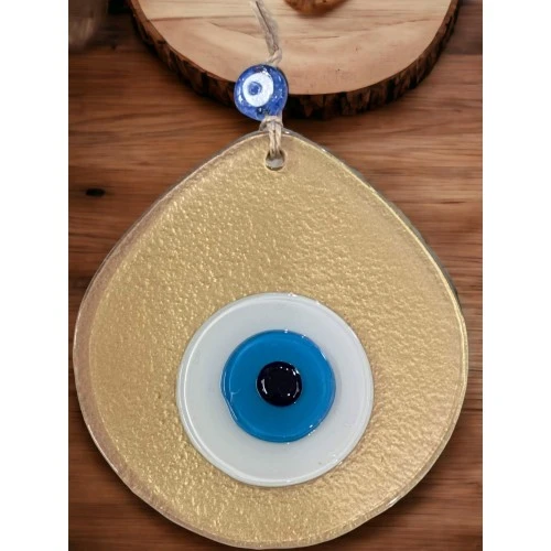 Mavi Nazar Boncuklu Gold Renk Nazar Boncuklu Damla Desen El Yapımı Duvar Süsü ürün görseli