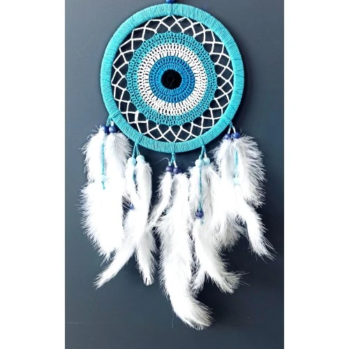 Nazar Boncuğu Motifli Turkuaz Rengi Dream Catcher Beyaz Kuş Tüylü Düş Kapanı Duvar Süsü - Resim 3