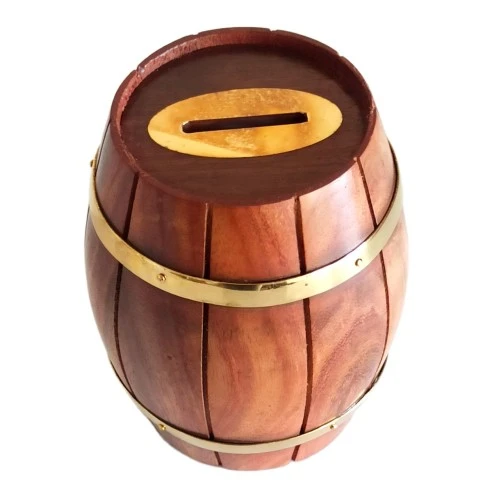 Maun Ağacından Dekoratif Ahşap Fıçı Kumbara - Resim 3