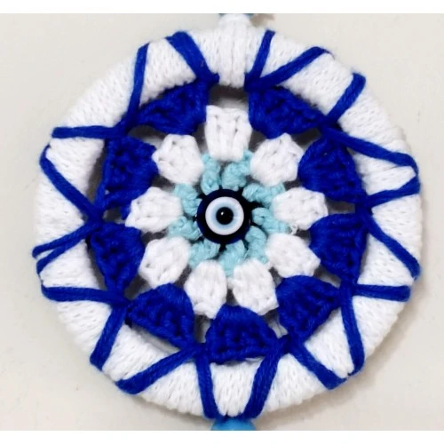 Ponponlu Nazar Boncuğu Desenli El Yapımı Mini Kapı, Duvar ve Araba Süsü - Resim 3