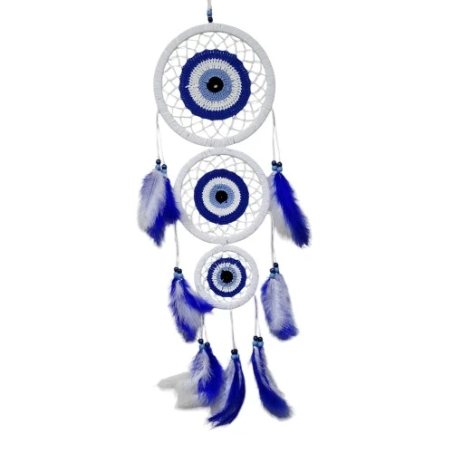 Nazar Motifli Üç Çemberli Kuş Tüylü Beyaz Duvar Süsü ürün görseli