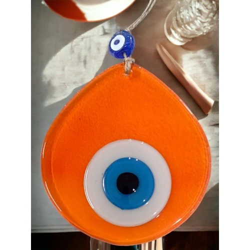 Orta Boy Şeffaf Turuncu Damla Desen Nazar Boncuklu Duvar Dekoru Cam Duvar Süsü - Resim 2