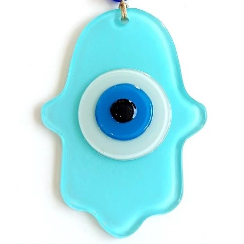 Nazar Boncuklu Turkuaz Renginde Fatma Ana Bereket Eli Cam Duvar Süsü ürün görseli