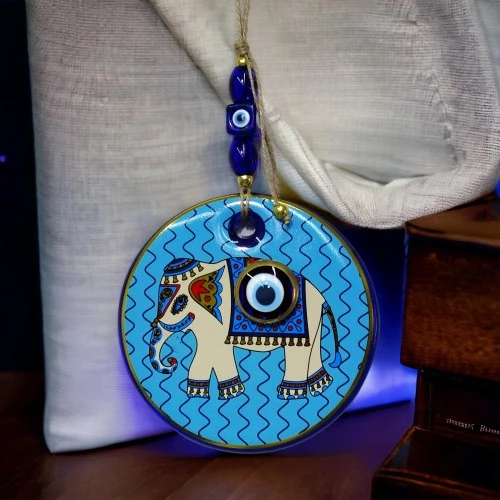 Yaldızlı Fil Modelli Nazar Boncuklu Duvar Süsü Mavi Camlı Duvar Dekoru - Resim 4