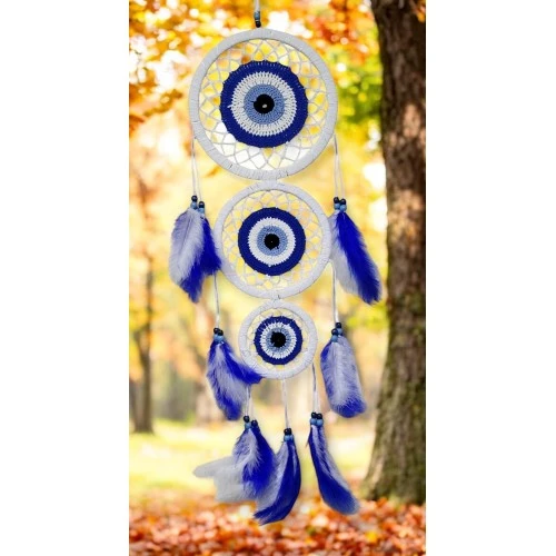 Nazar Motifli Üç Çemberli Kuş Tüylü Beyaz Duvar Süsü - Resim 3