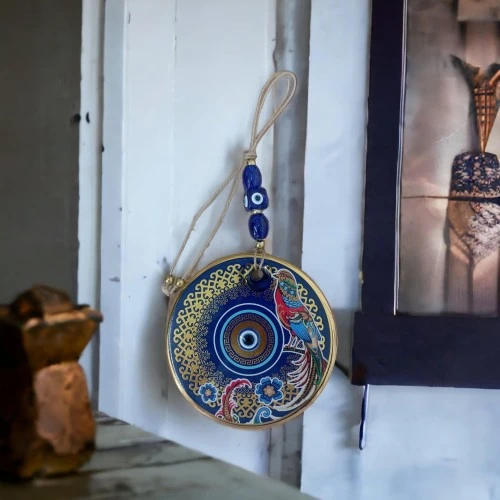 Yaldızlı Bülbül Kuşlu Çicekli Nazar Boncuklu Duvar Süsü Camlı Duvar Dekoru - 4