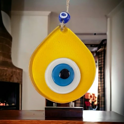 Orta Boy Şeffaf Sarı Damla Desen Nazar Boncuklu Duvar Dekoru Cam Duvar Süsü - Resim 4