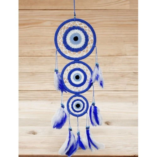 Nazar Motifli Üç Çemberli Kuş Tüylü Mavi Duvar Süsü - Resim 3