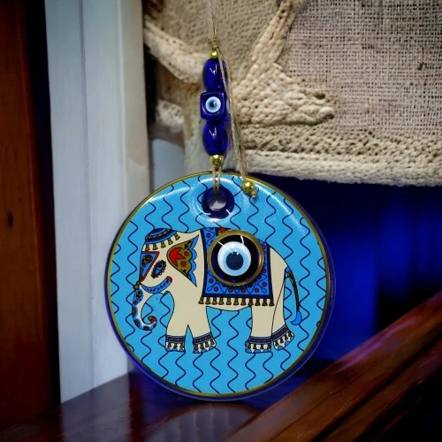 Yaldızlı Fil Modelli Nazar Boncuklu Duvar Süsü Mavi Camlı Duvar Dekoru ürün görseli