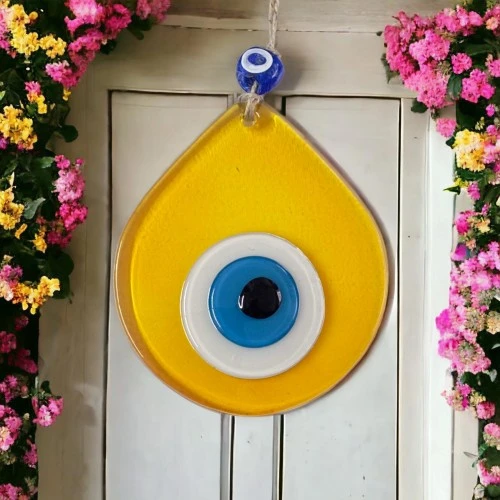 Orta Boy Şeffaf Sarı Damla Desen Nazar Boncuklu Duvar Dekoru Cam Duvar Süsü - Resim 2
