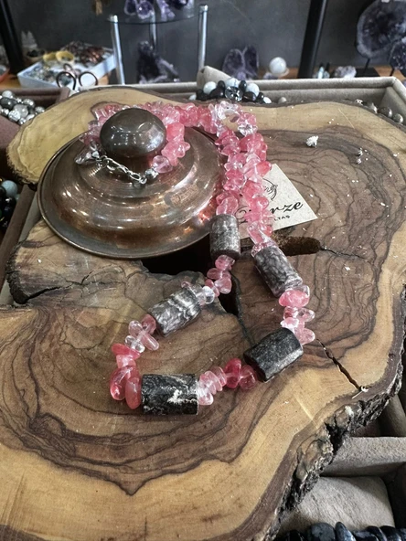 Pembe Kuvars ve Rodonit Tasarım Dizi Kolye