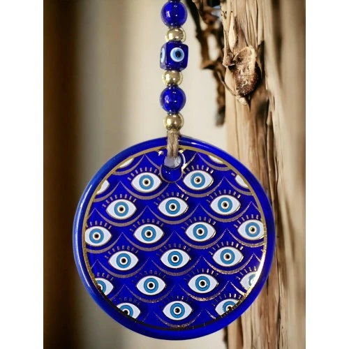 Yaldızlı Gözlerle Motiflendirilmiş Nazar Boncuklu Duvar Süsü Cam Duvar Dekoru - Resim 3