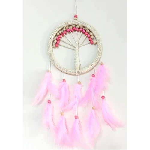 Pembe Kuş Tüylü Hayat Ağacı Düş Kapanı Dream Catcher Duvar Süsü - Resim 2