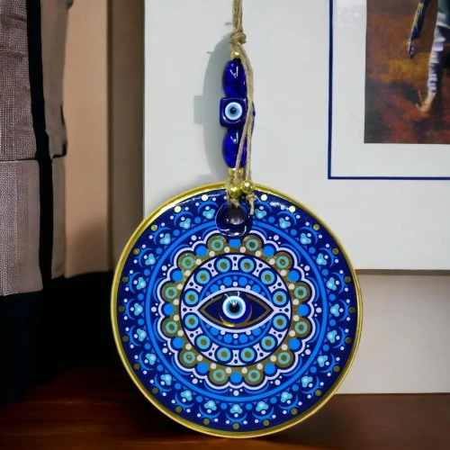 Yaldızlı Nazar Boncuklu Mavi Pembe Renkli Duvar Süsü Cam Duvar Dekoru - Resim 2