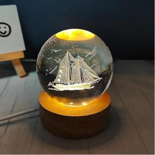 Dekoratif GEMİ Tasarımlı Ahşap altlıklı Işıklı Cam Küre Cam:6cm Ahşap:2cm