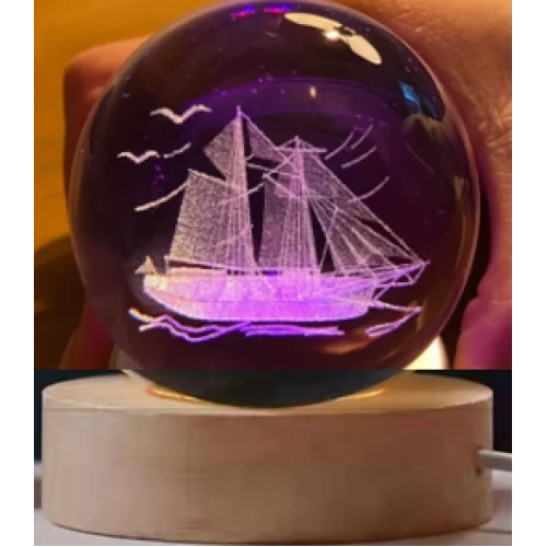 Dekoratif GEMİ Tasarımlı Ahşap altlıklı Işıklı Cam Küre Cam:6cm Ahşap:2cm - 2