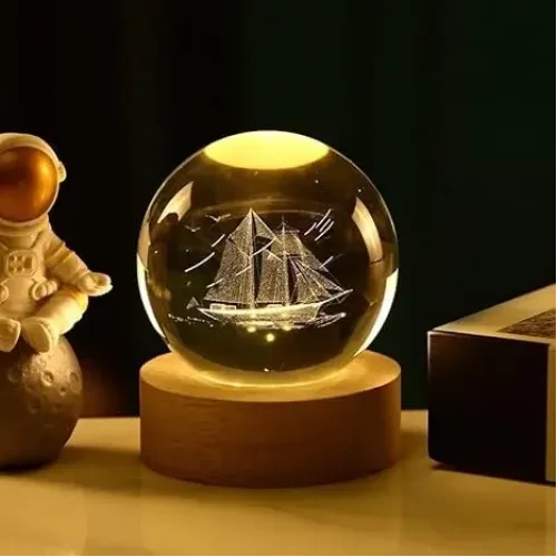 Dekoratif GEMİ Tasarımlı Ahşap altlıklı Işıklı Cam Küre Cam:6cm Ahşap:2cm - 3