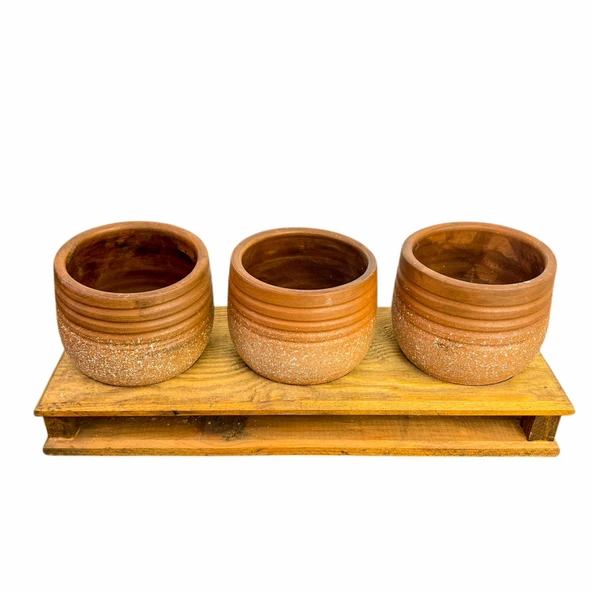 Bitki Tasarımı Ev dekorasyon Aksesuar Kahverengi Granit Efektli Çizgili Toprak Saksı Üçlü Ahşap Tabanlı Çiçeklik Saksı Saksılık - Resim 2