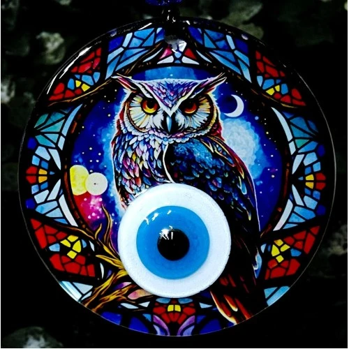 Baykuşlu Gece Desenli 12 Santimetre Füzyon Cam Duvar Süsü - Resim 2