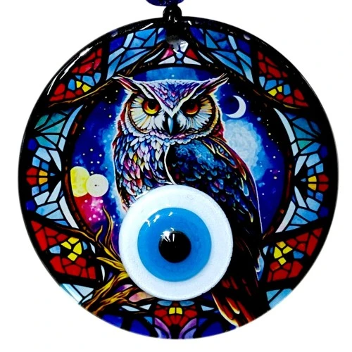 Baykuşlu Gece Desenli 12 Santimetre Füzyon Cam Duvar Süsü ürün görseli