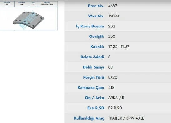 FULLORGANIK KAMPANA BALATA MUHTELIF BPW DORSE  19094 ürün görseli