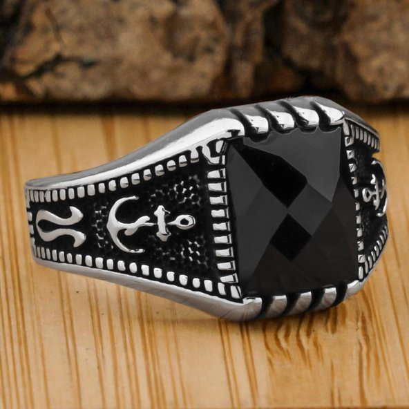 Siyah Zirkon Taşlı Deniz Çapalı 925 Ayar Gümüş Yüzük ürün görseli