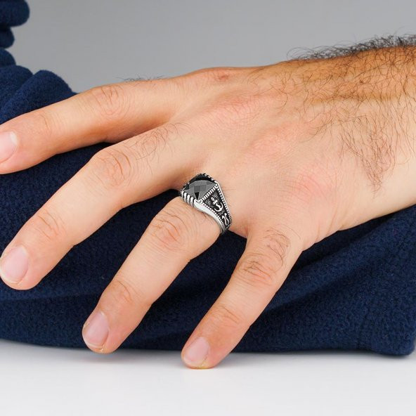 Siyah Zirkon Taşlı Deniz Çapalı 925 Ayar Gümüş Yüzük - Resim 2