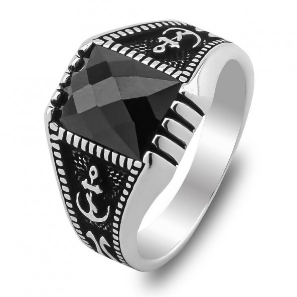 Siyah Zirkon Taşlı Deniz Çapalı 925 Ayar Gümüş Yüzük - Resim 3