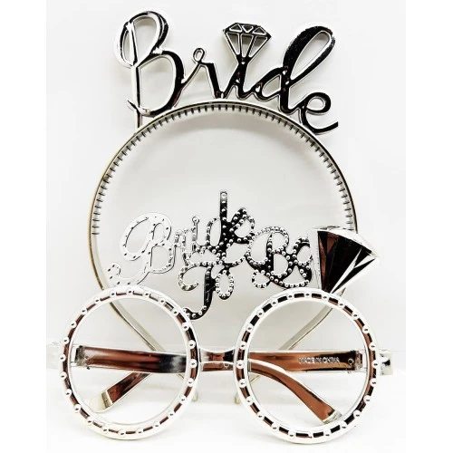 Bride Yazılı Taç ve Bride To Be Yazılı Gözlük Seti Gümüş Renk - 1