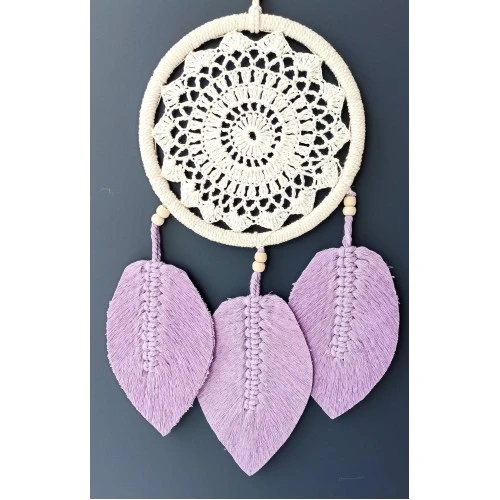 Lila Rengi Yapraklı El Yapımı Makrome Duvar Süsü - Resim 2