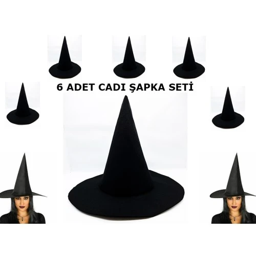 Siyah Cadı Şapkası Keçe Yetişkin Boy 6 Adet - 1