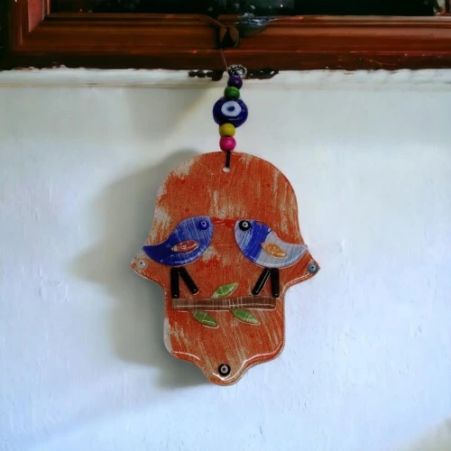 Turuncu Kuşlu Füzyon Cam Fatma Ana Eli Duvar Süsü Kapı Süsü - Resim 2