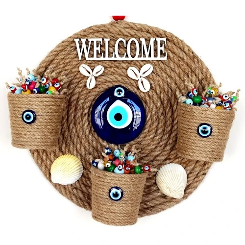 Üç Saksılı Welcome Yazılı Deniz Kabuklu Nazar Boncuklu Hasır Kapı Süsü - Resim 3