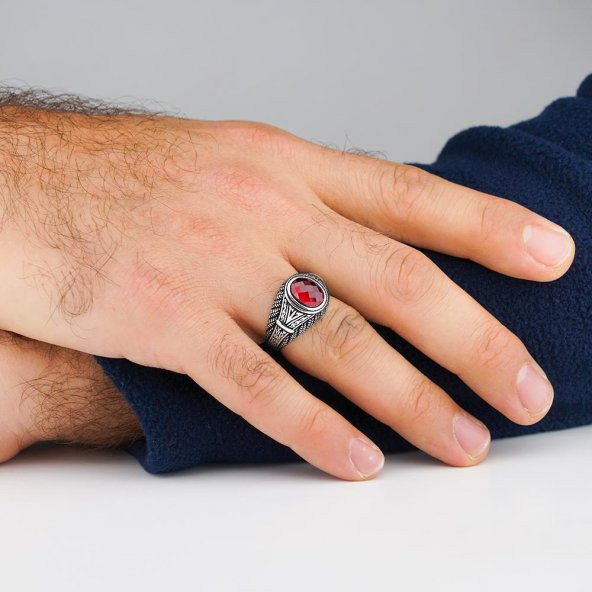 Oval Kırmızı Zirkon Taşlı 925 Ayar Gümüş Yüzük - Resim 2