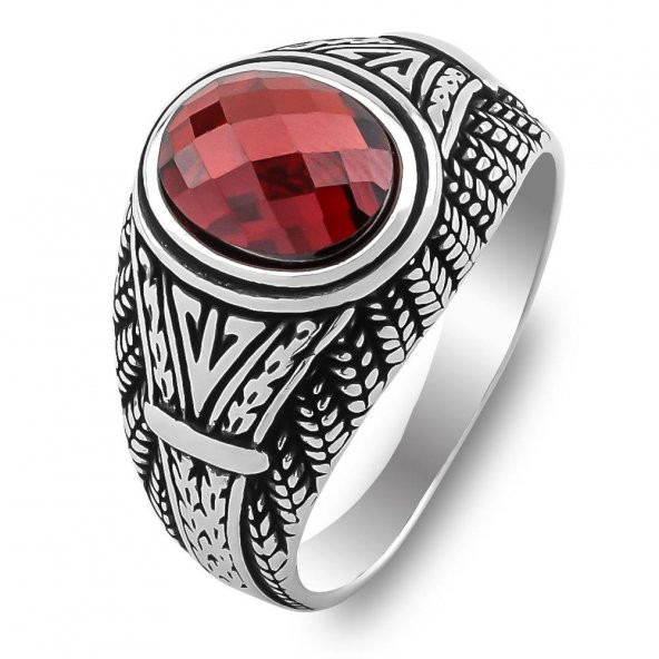 Oval Kırmızı Zirkon Taşlı 925 Ayar Gümüş Yüzük - Resim 3